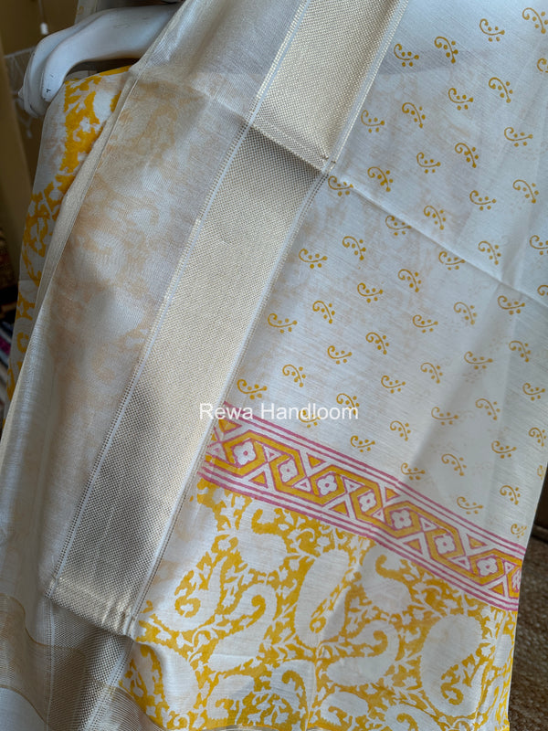 Maheshwari Yellow Handblock Print Top-Dupatta HBS0205
