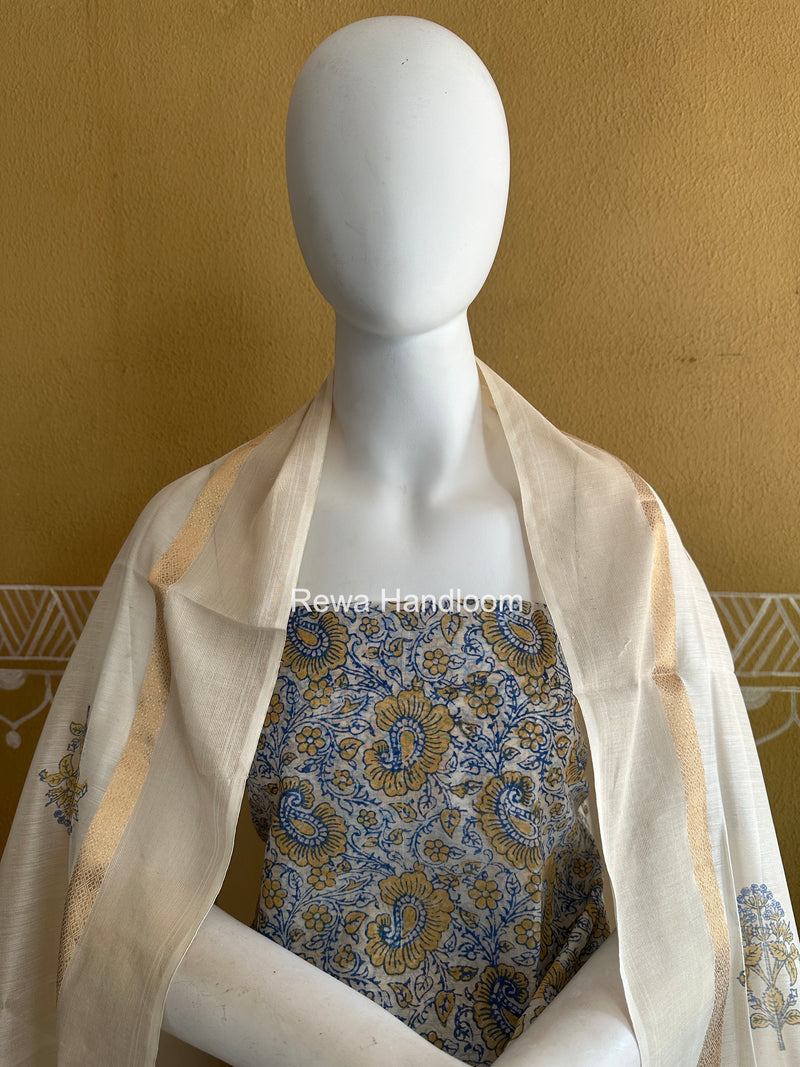 Maheshwari Blue-White Handblock Print Top-Dupatta HBS0113