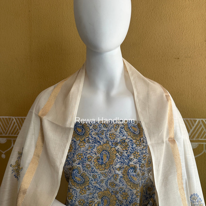 Maheshwari Blue-White Handblock Print Top-Dupatta HBS0113
