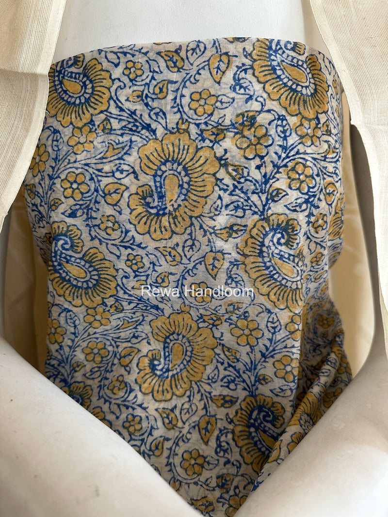 Maheshwari Blue-White Handblock Print Top-Dupatta HBS0113