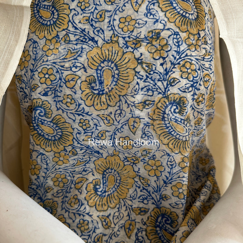 Maheshwari Blue-White Handblock Print Top-Dupatta HBS0113