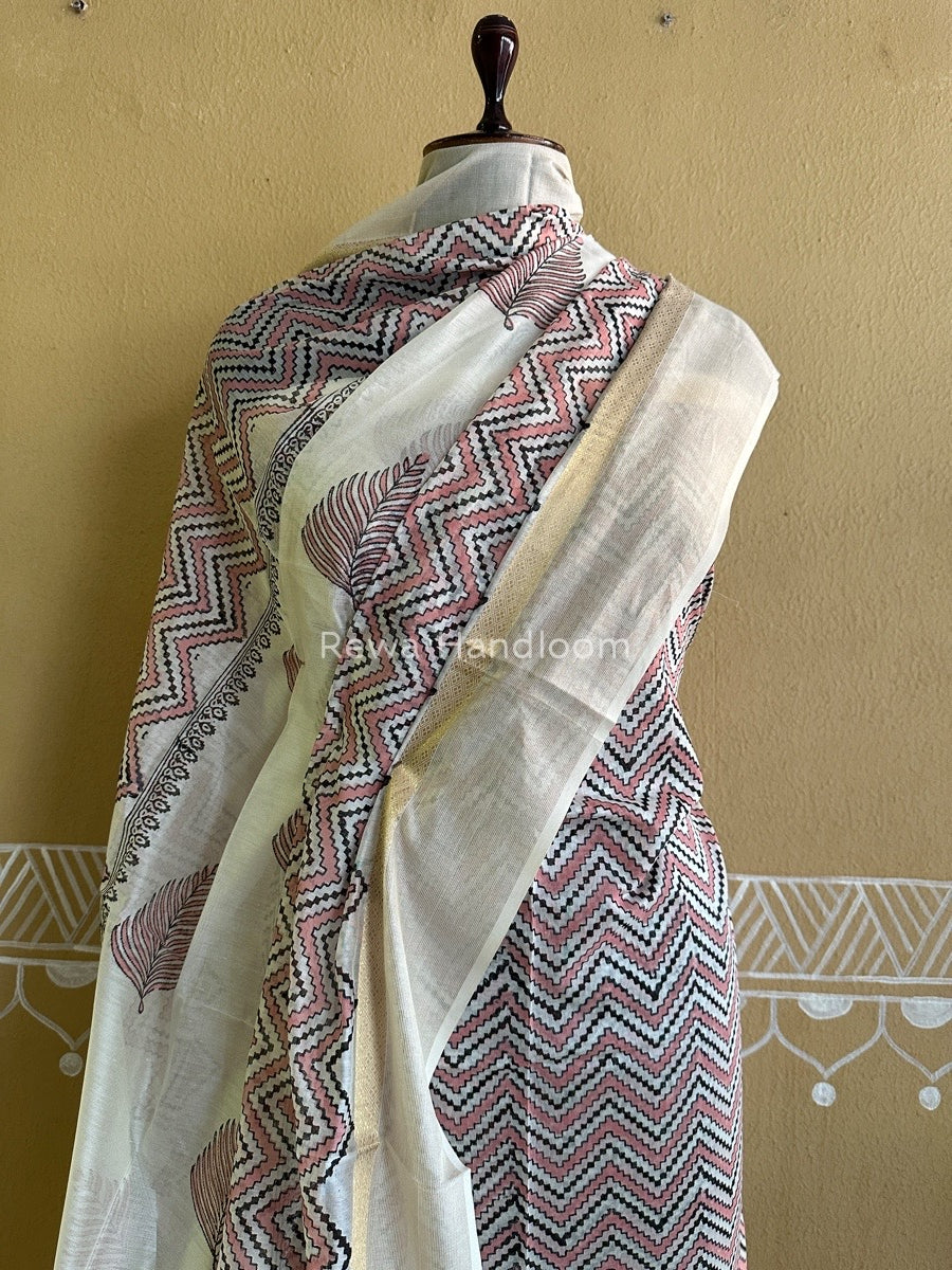 Maheshwari Peach-White Handblock Print Top-Dupatta HBS084