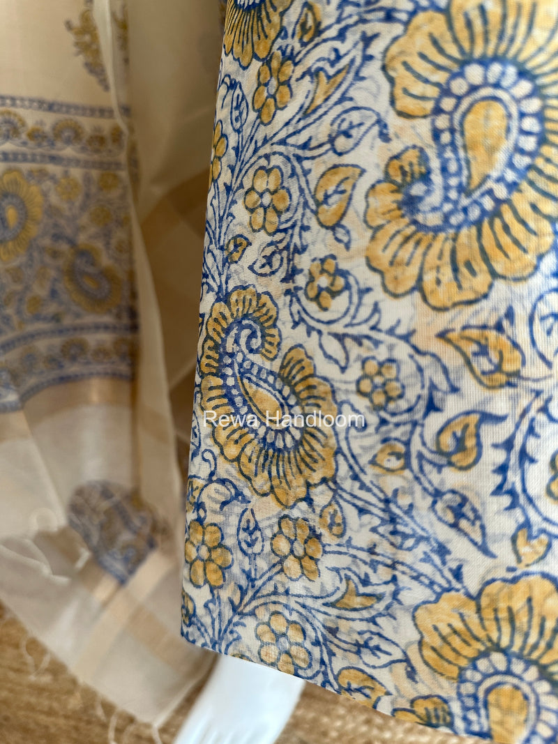 Maheshwari Blue-White Handblock Print Top-Dupatta HBS0113