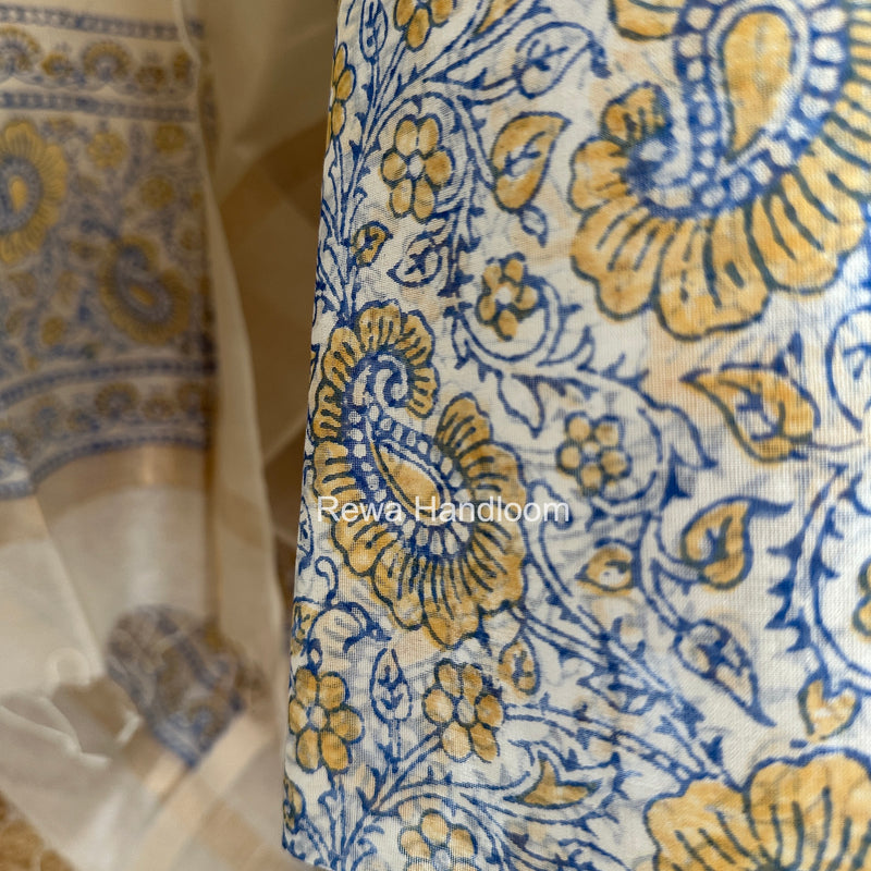 Maheshwari Blue-White Handblock Print Top-Dupatta HBS0113