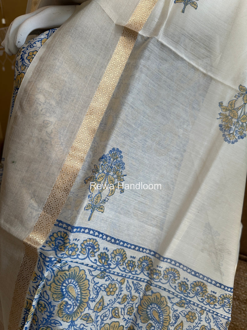 Maheshwari Blue-White Handblock Print Top-Dupatta HBS0113