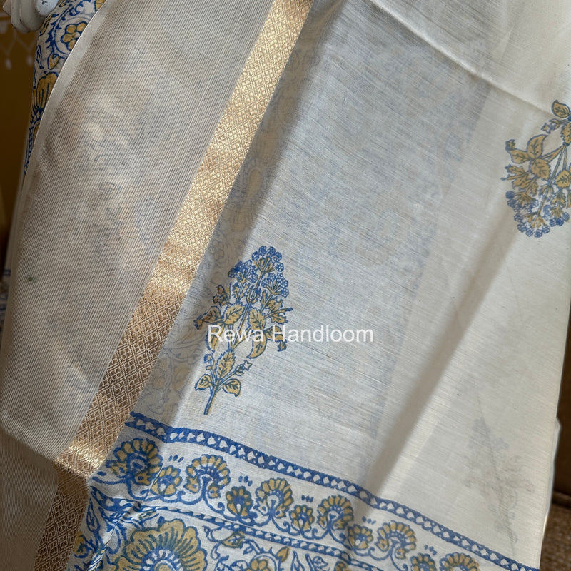 Maheshwari Blue-White Handblock Print Top-Dupatta HBS0113