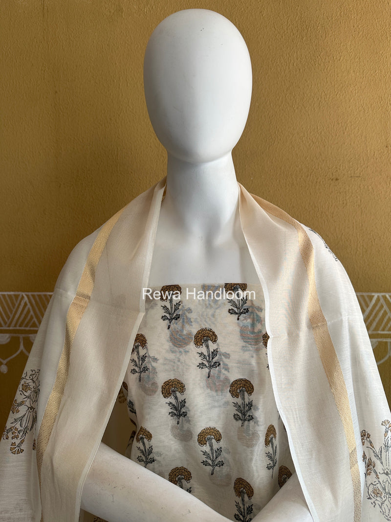 Maheshwari White Handblock Print Top-Dupatta HBS0206