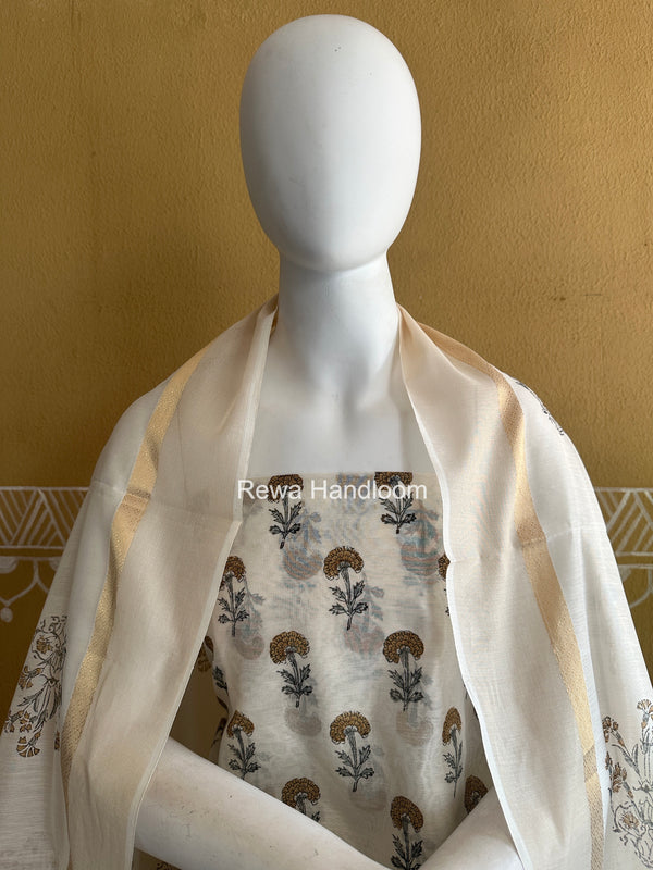 Maheshwari White Handblock Print Top-Dupatta HBS0206
