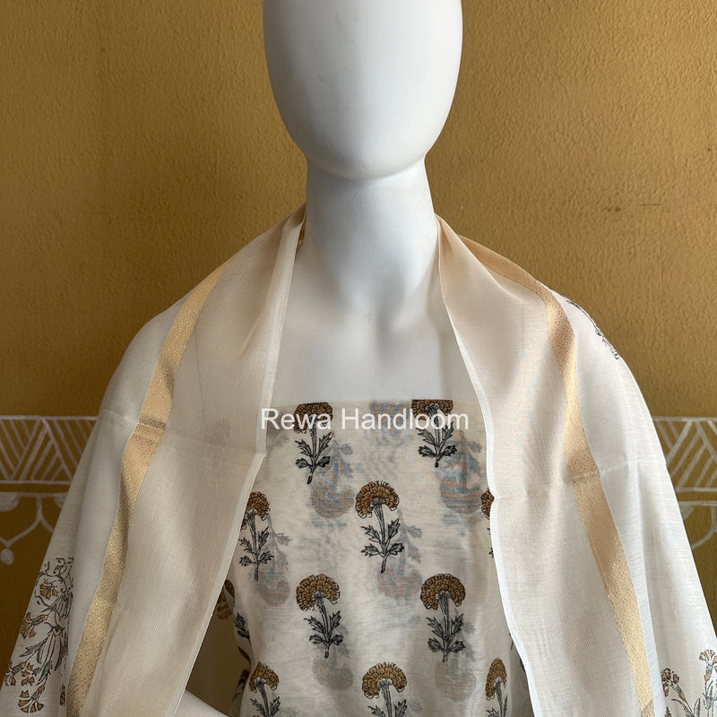 Maheshwari White Handblock Print Top-Dupatta HBS0206