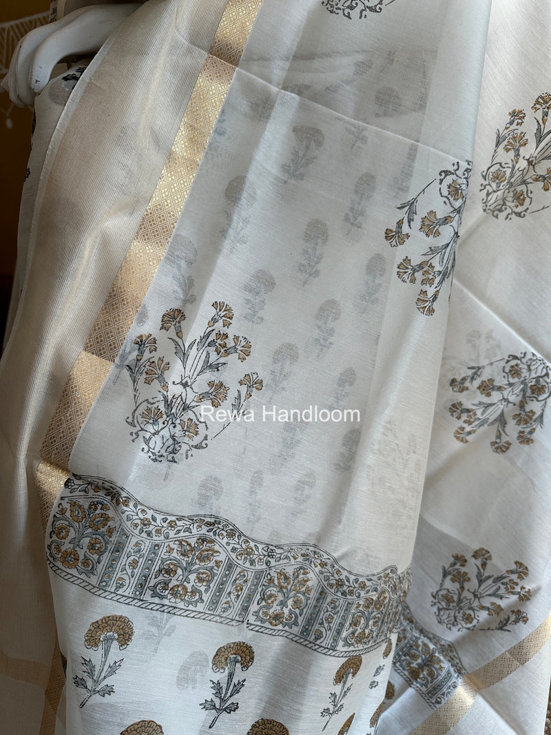 Maheshwari White Handblock Print Top-Dupatta HBS0206