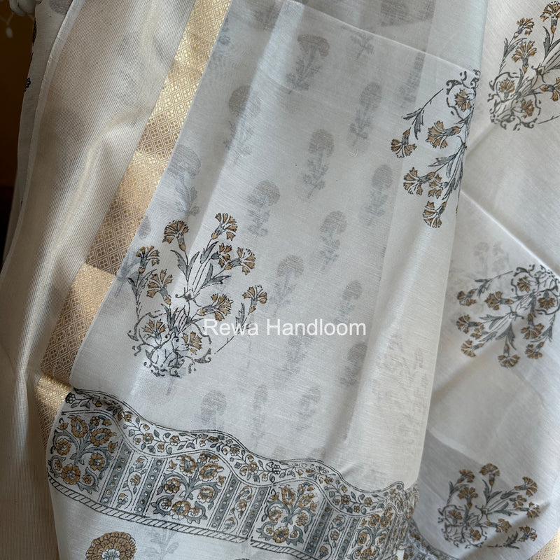 Maheshwari White Handblock Print Top-Dupatta HBS0206