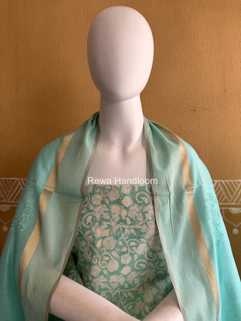 Maheshwari Sky Blue Handblock Print Top-Dupatta HBS0159
