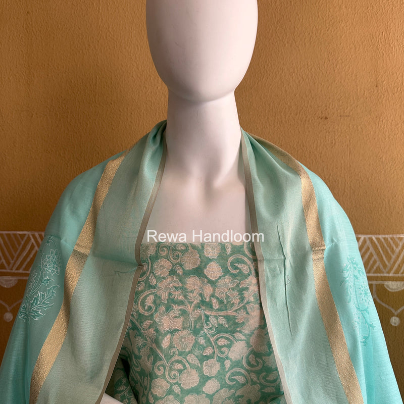 Maheshwari Sky Blue Handblock Print Top-Dupatta HBS0159