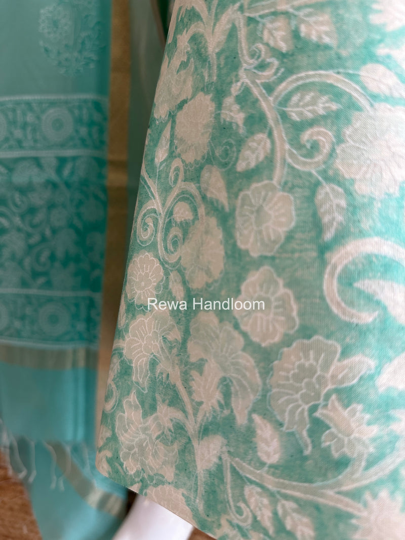 Maheshwari Sky Blue Handblock Print Top-Dupatta HBS0159
