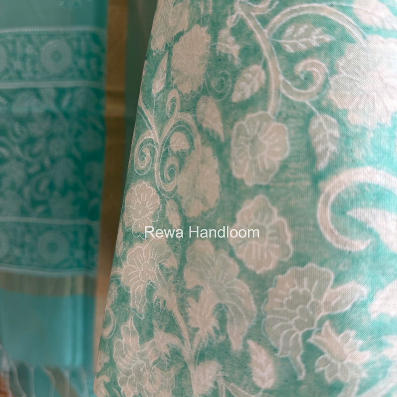 Maheshwari Sky Blue Handblock Print Top-Dupatta HBS0159