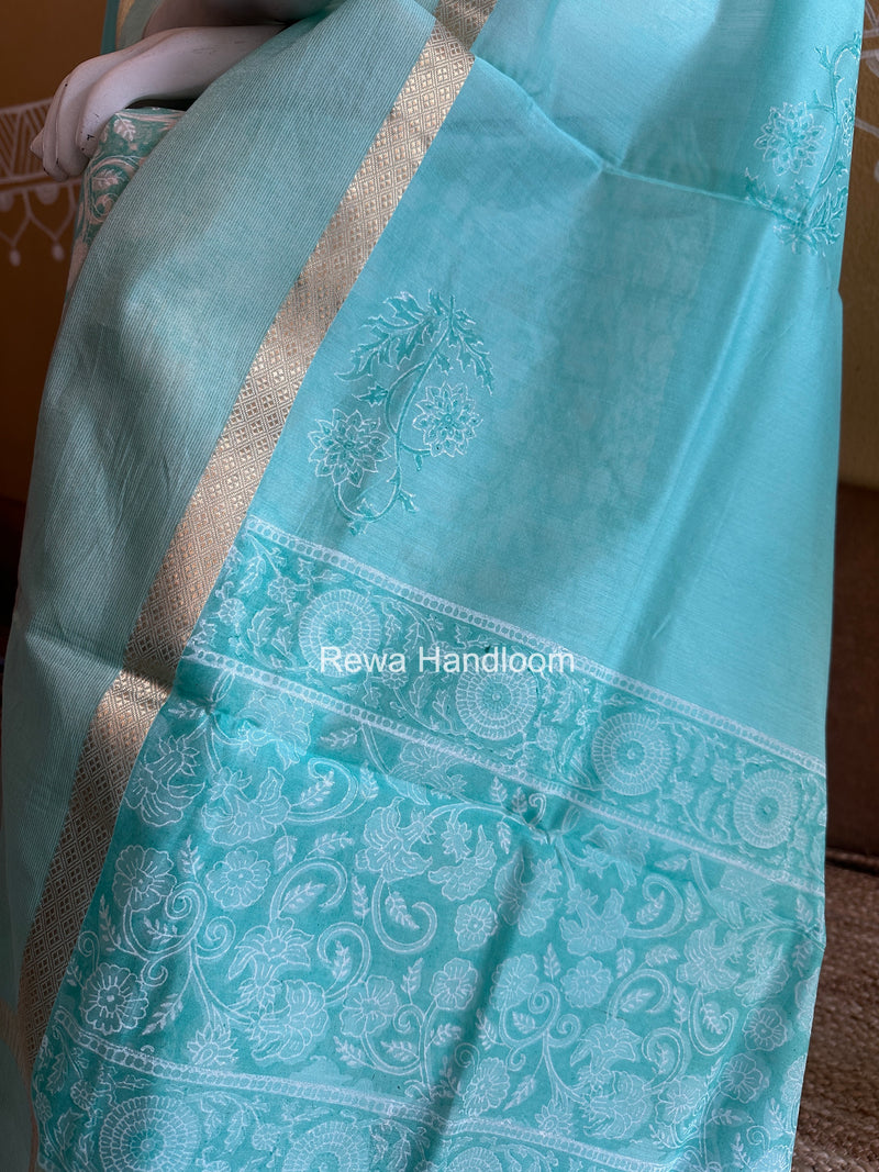 Maheshwari Sky Blue Handblock Print Top-Dupatta HBS0159