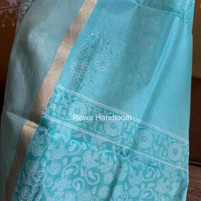 Maheshwari Sky Blue Handblock Print Top-Dupatta HBS0159