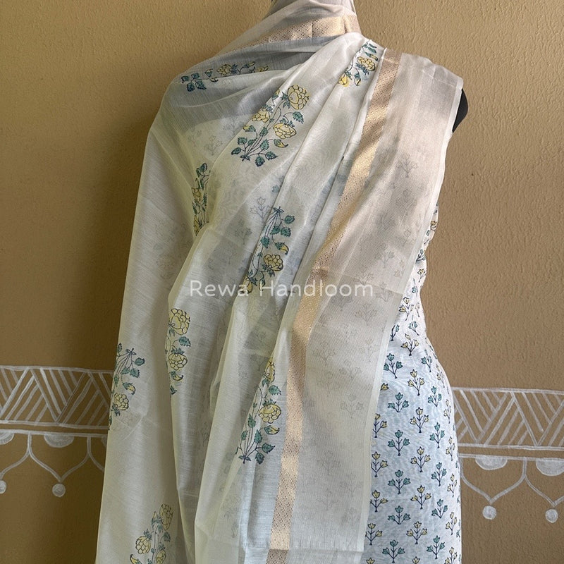 Maheshwari White Handblock Print Top-Dupatta HBS083
