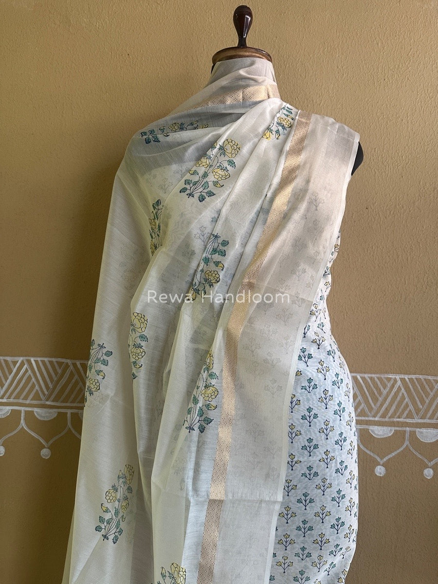 Maheshwari White Handblock Print Top-Dupatta HBS083