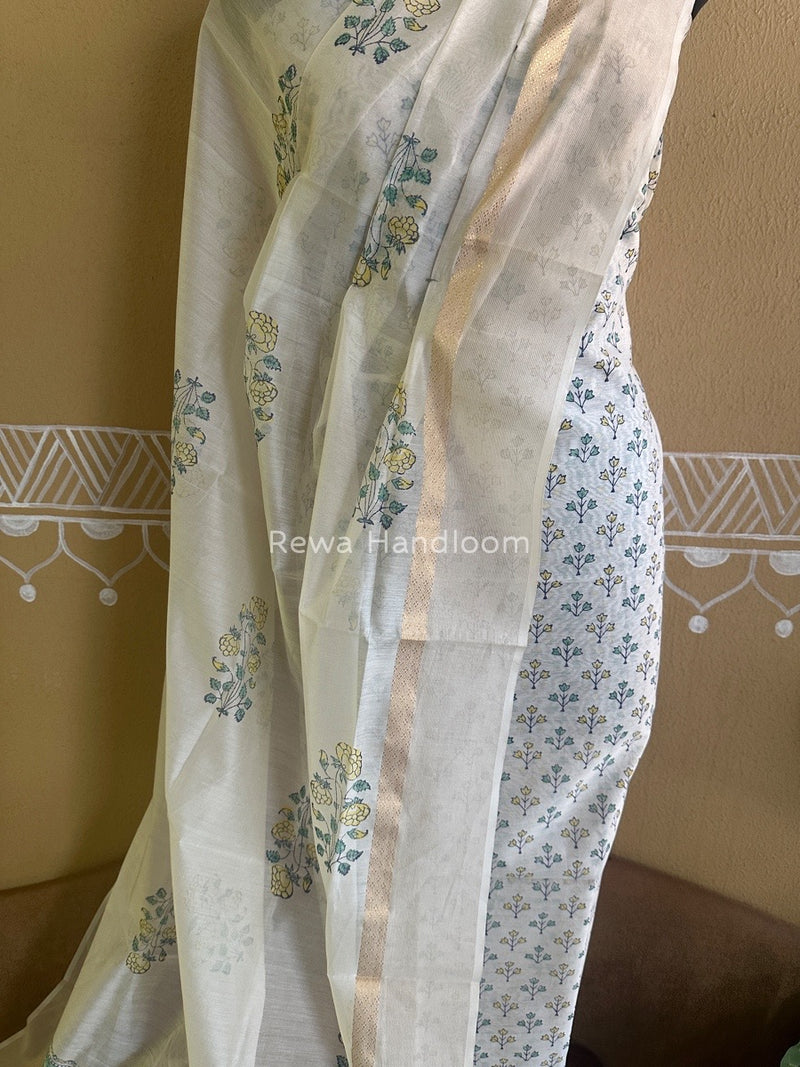 Maheshwari White Handblock Print Top-Dupatta HBS083