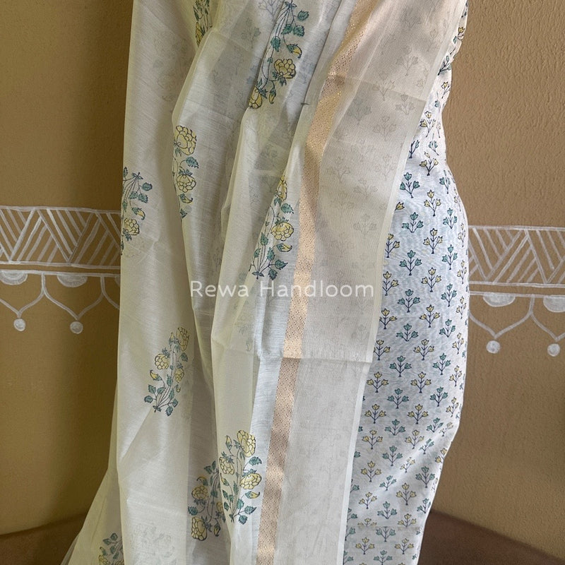 Maheshwari White Handblock Print Top-Dupatta HBS083