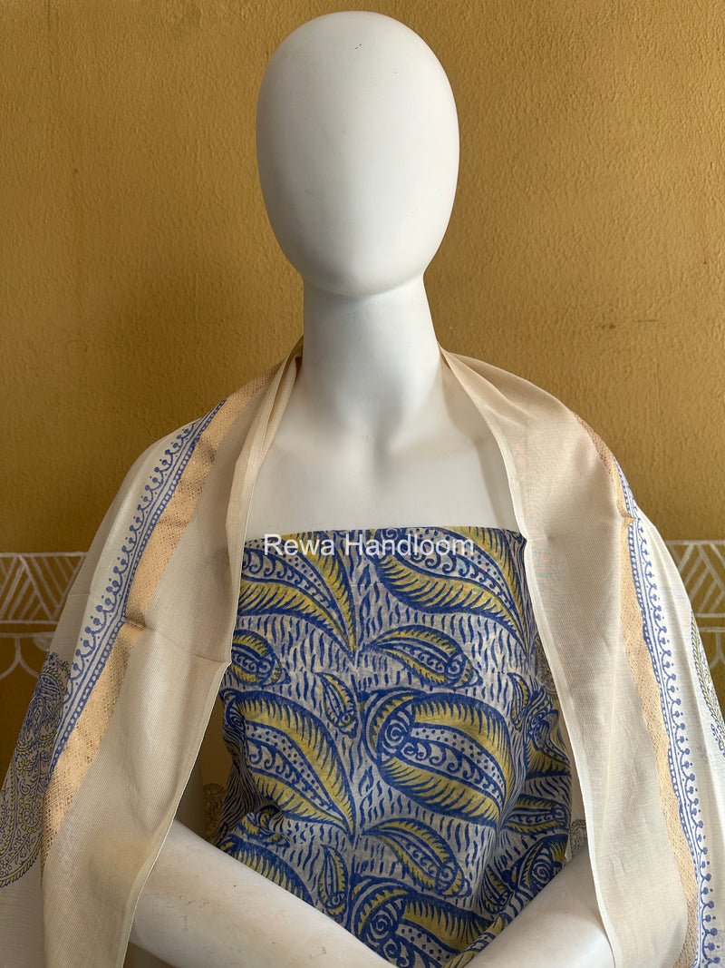 Maheshwari Blue-White Handblock Print Top-Dupatta HBS0138