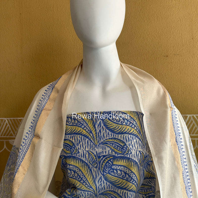 Maheshwari Blue-White Handblock Print Top-Dupatta HBS0138