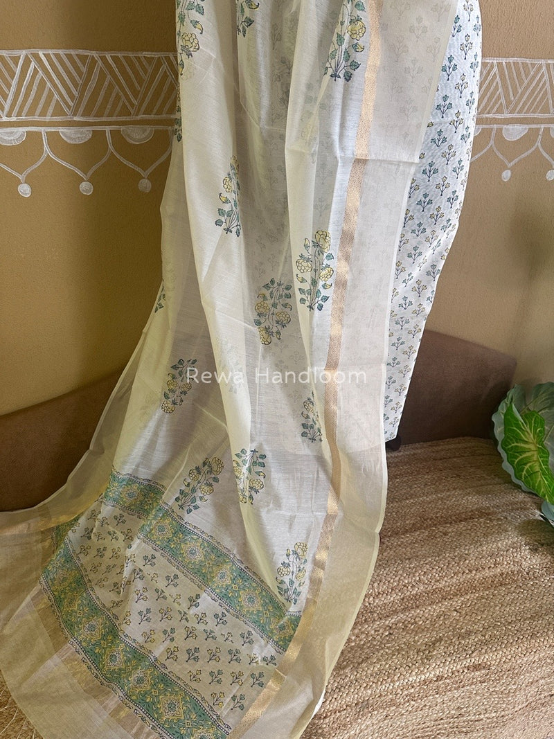 Maheshwari White Handblock Print Top-Dupatta HBS083