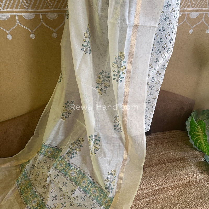 Maheshwari White Handblock Print Top-Dupatta HBS083
