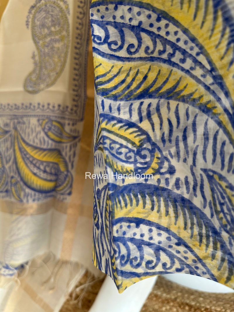 Maheshwari Blue-White Handblock Print Top-Dupatta HBS0138