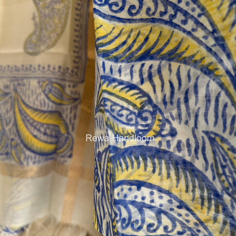 Maheshwari Blue-White Handblock Print Top-Dupatta HBS0138