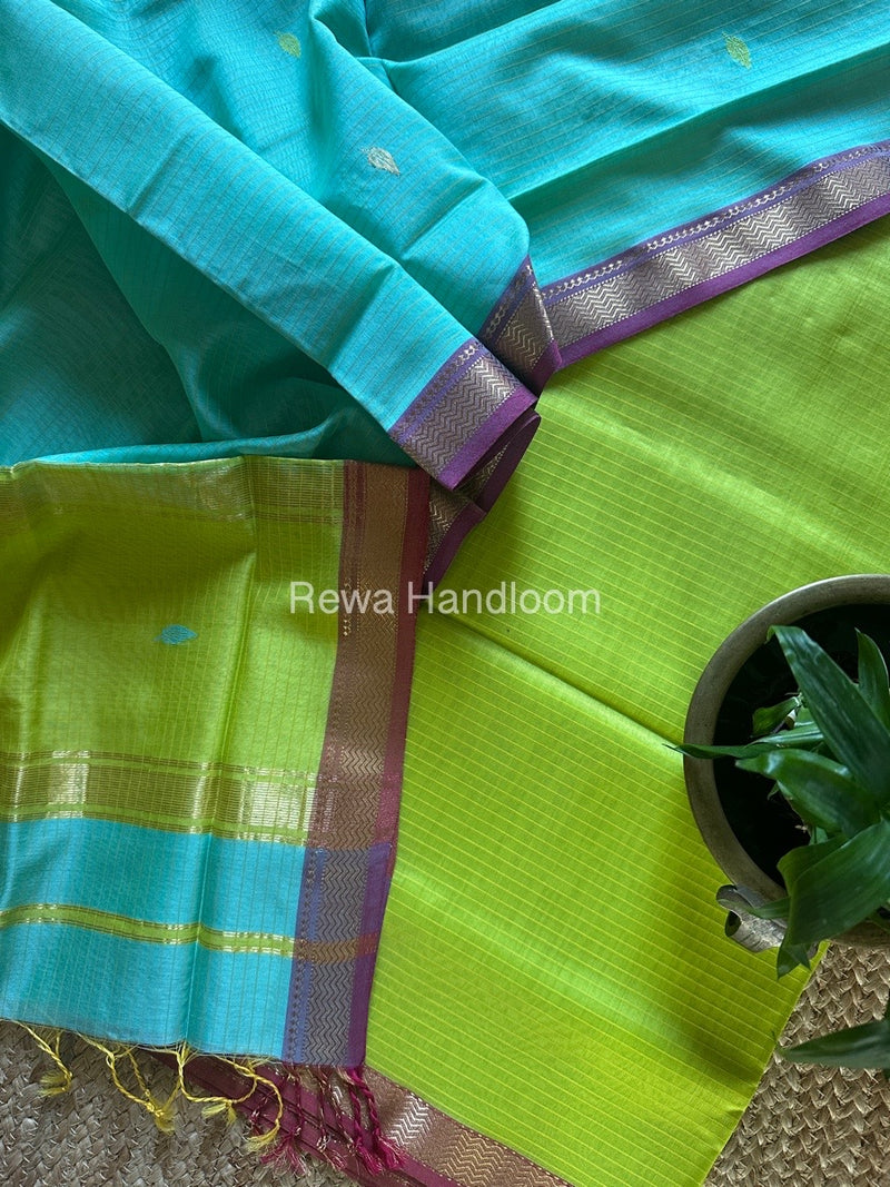 Maheshwari Parrot Green-Light Sea Green Motifs Top-Dupatta Set PST0118