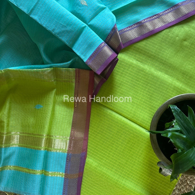 Maheshwari Parrot Green-Light Sea Green Motifs Top-Dupatta Set PST0118