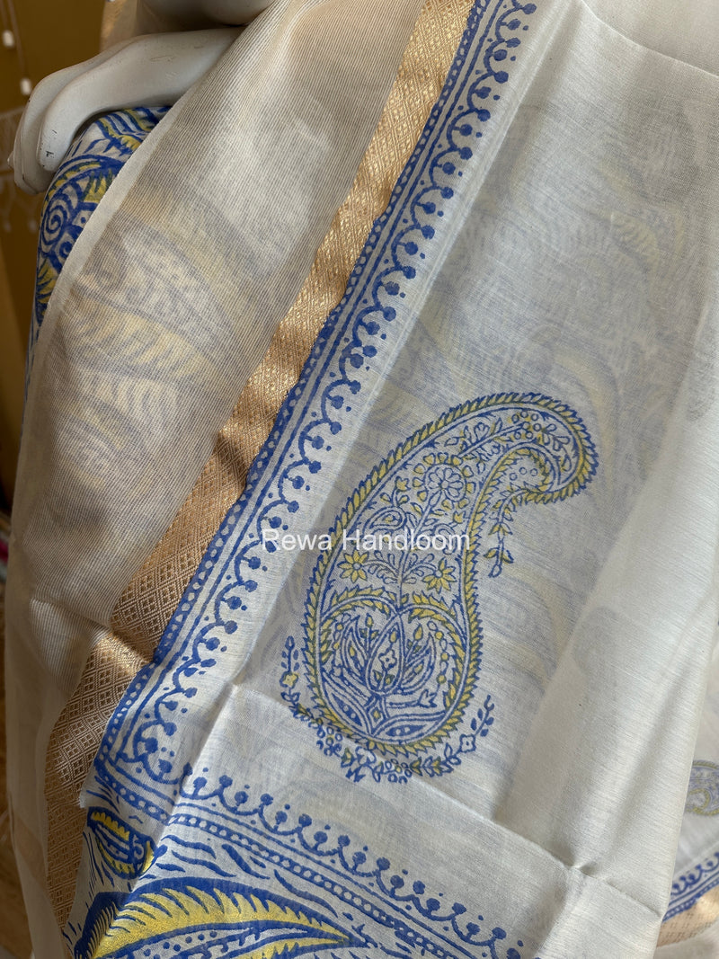 Maheshwari Blue-White Handblock Print Top-Dupatta HBS0138