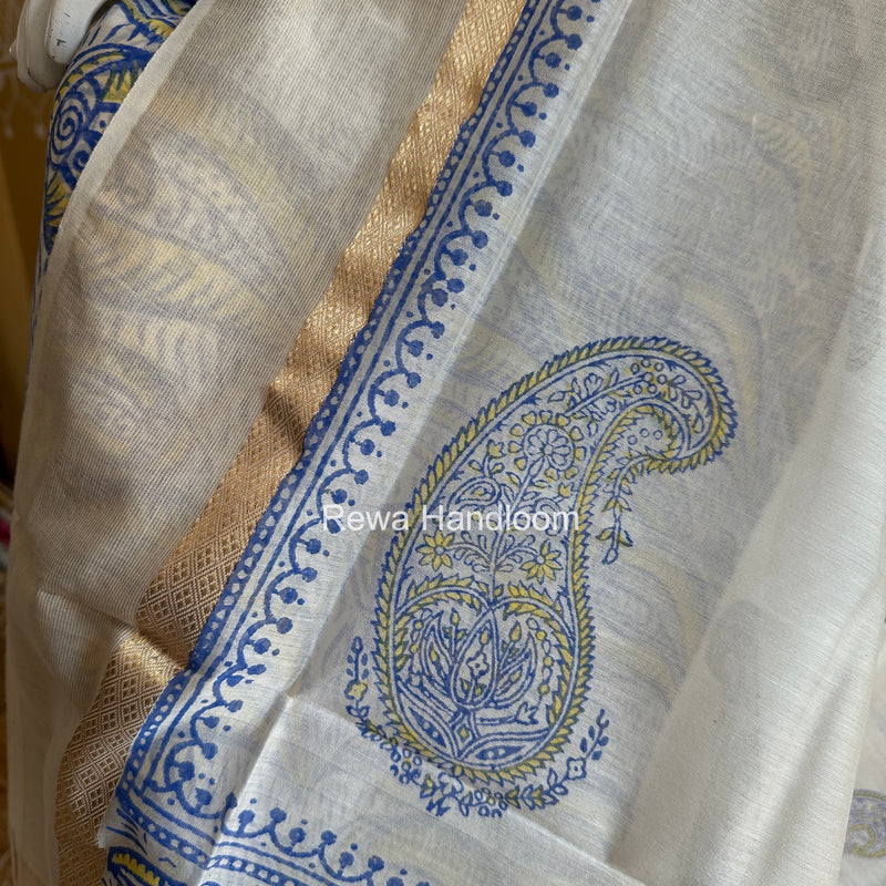 Maheshwari Blue-White Handblock Print Top-Dupatta HBS0138