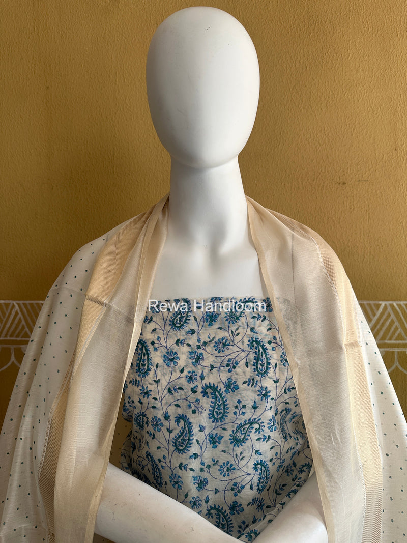 Maheshwari White Handblock Print Top-Dupatta HBS0203