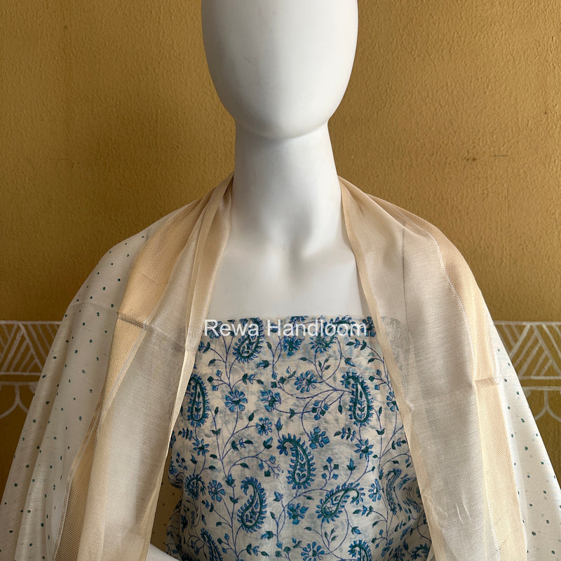 Maheshwari White Handblock Print Top-Dupatta HBS0203