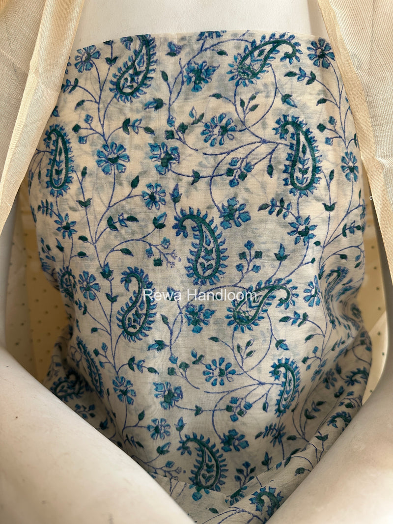 Maheshwari White Handblock Print Top-Dupatta HBS0203