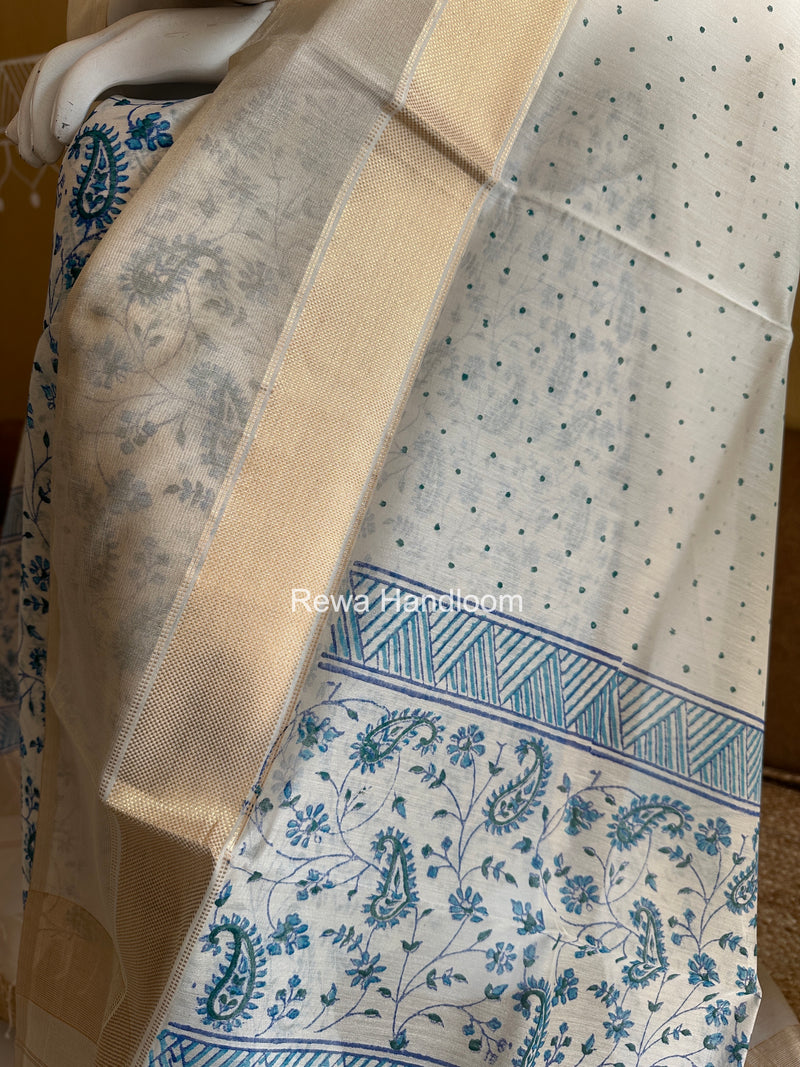 Maheshwari White Handblock Print Top-Dupatta HBS0203