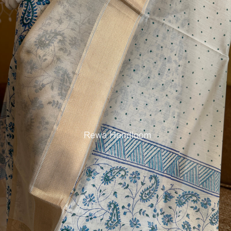 Maheshwari White Handblock Print Top-Dupatta HBS0203