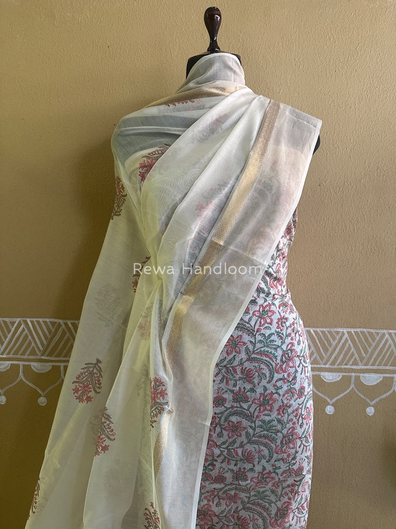Maheshwari White Handblock Print Top-Dupatta HBS0100