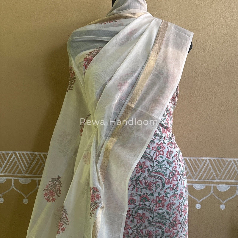 Maheshwari White Handblock Print Top-Dupatta HBS0100