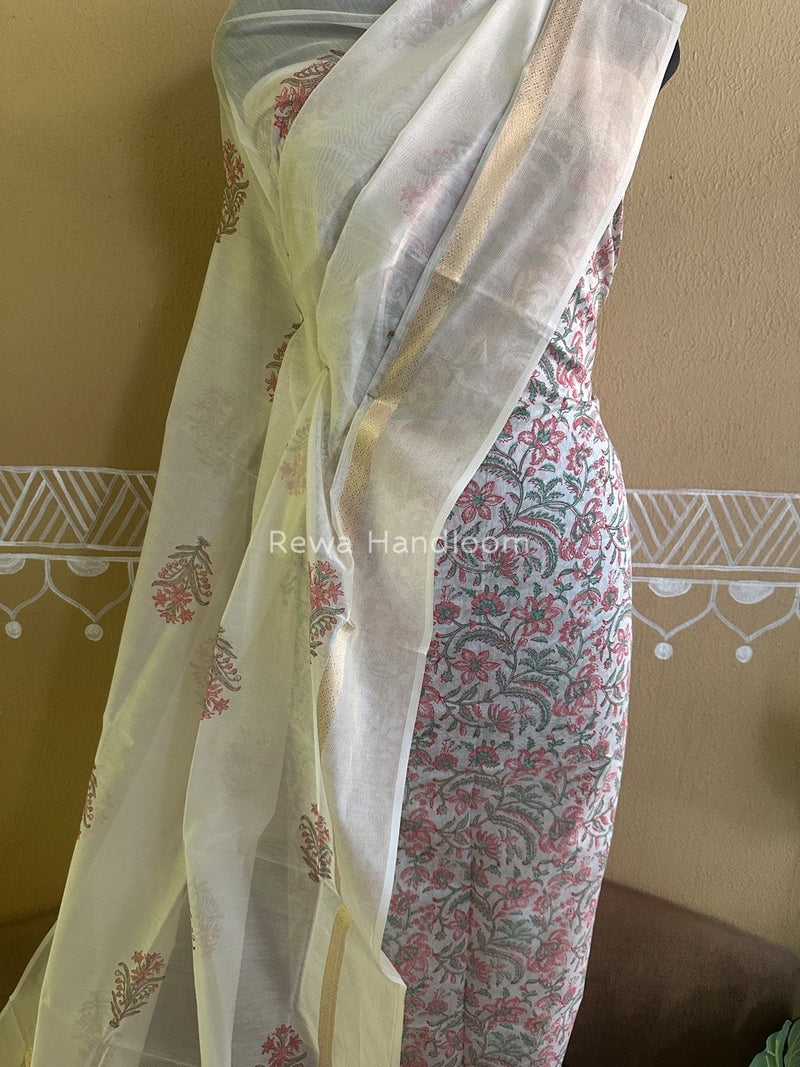 Maheshwari White Handblock Print Top-Dupatta HBS0100