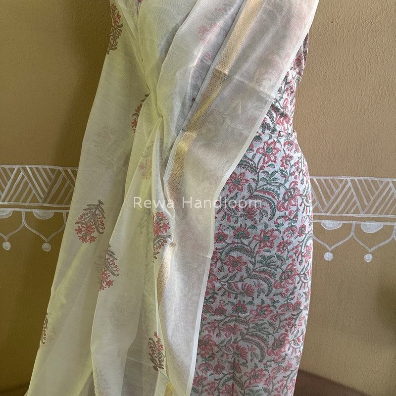 Maheshwari White Handblock Print Top-Dupatta HBS0100