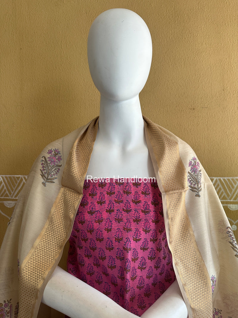 Maheshwari Rani Pink-Tussar Handblock Print Top-Dupatta HBS037