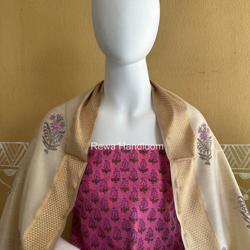Maheshwari Rani Pink-Tussar Handblock Print Top-Dupatta HBS037