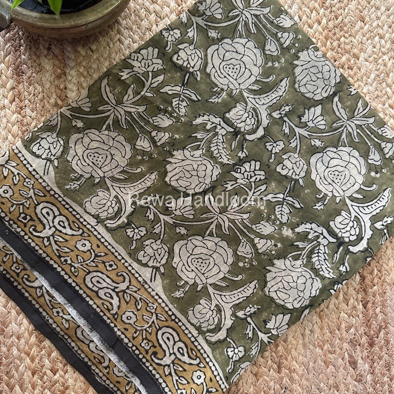 Mehendi Green Dabu Print Silk Top-Dupatta DPSD012