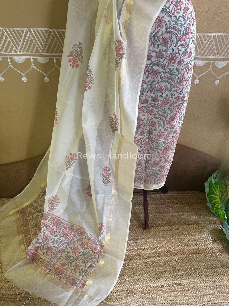 Maheshwari White Handblock Print Top-Dupatta HBS0100