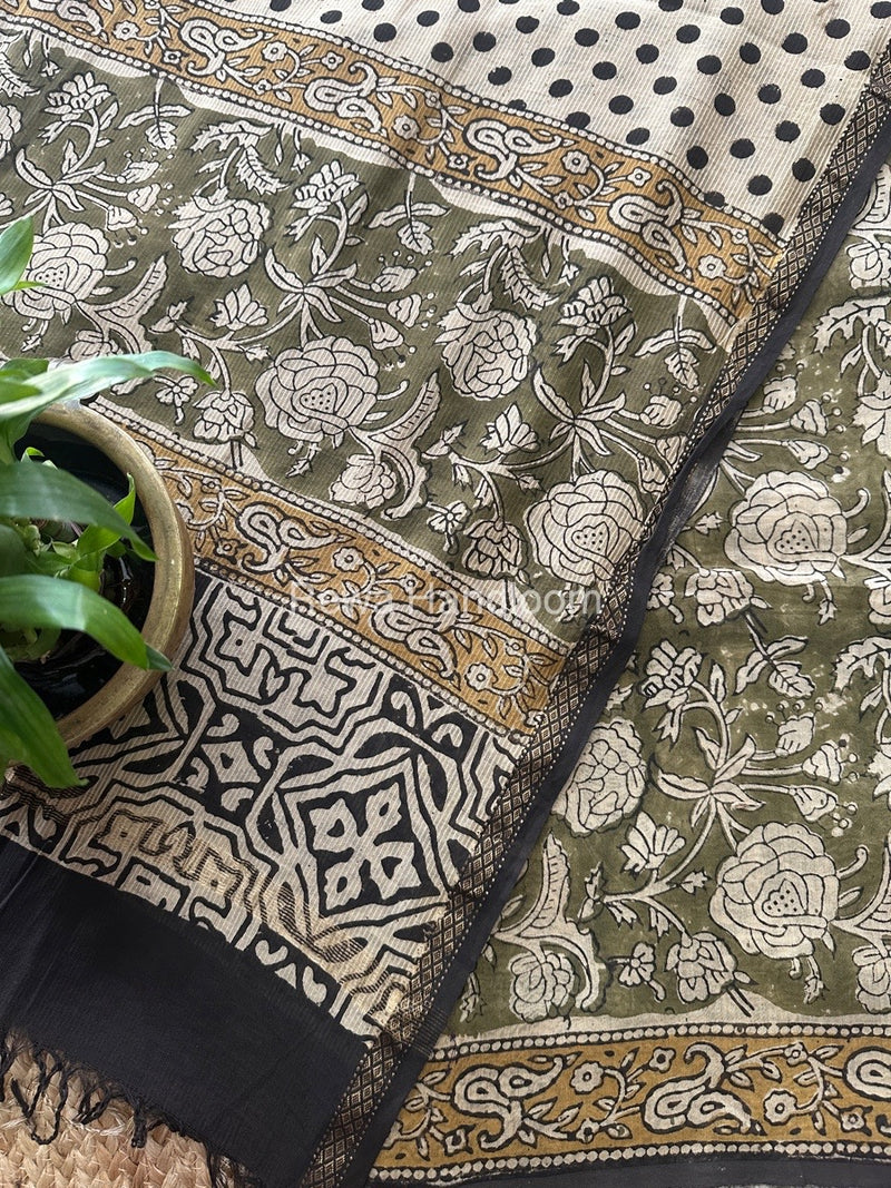 Mehendi Green Dabu Print Silk Top-Dupatta DPSD012