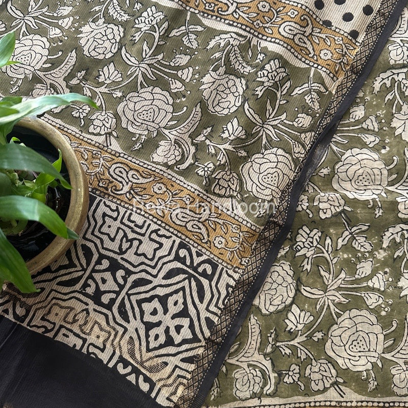 Mehendi Green Dabu Print Silk Top-Dupatta DPSD012